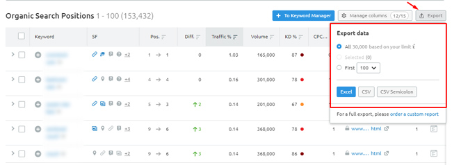 Export ranking data in Semrush.