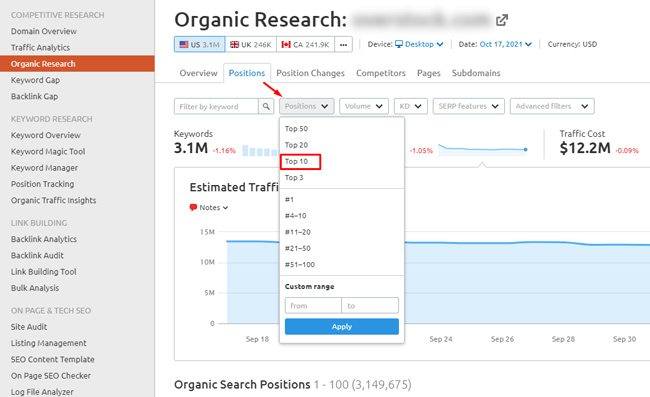 Filter by top ten rankings in Semrush.