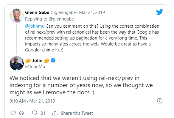 Google's John Mueller explaining rel next/prev isn't supported anymore.