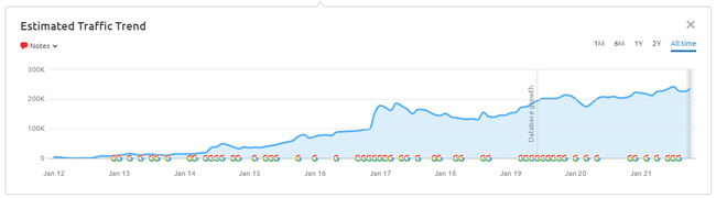 Strong visibility growth over time despite many paginated urls indexed.