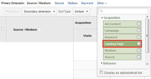 Primary Dimension to Landing Page in Google Analytics