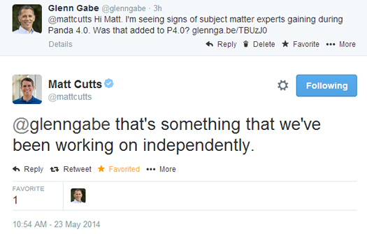 Matt Cutts Tweet About Subject Matter Expert Algorithm