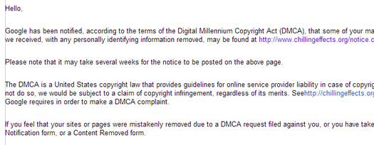 Example of DMCA Notice in Google Webmaster Tools