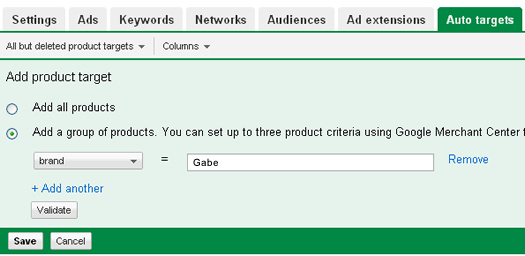 Adding a product target in Google Adwords.