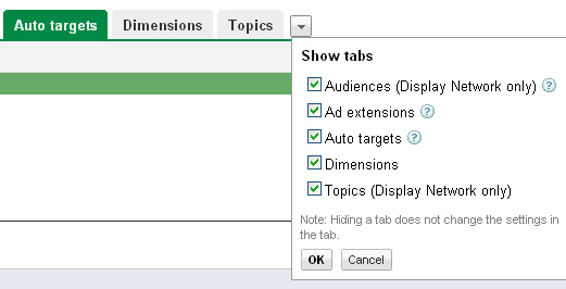 Accessing the Auto Targets Tab in Google Adwords.