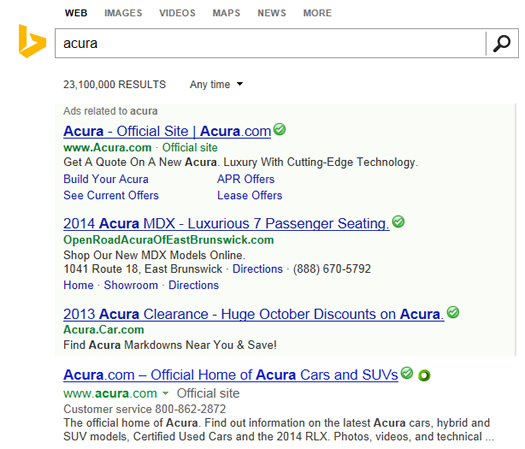 Search Results and Sitelinks for Acura