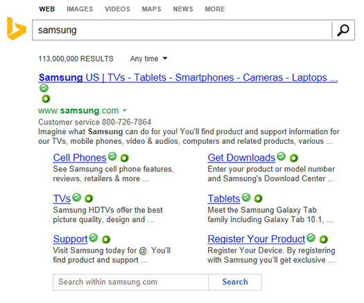 Search Results and Sitelinks for Samsung