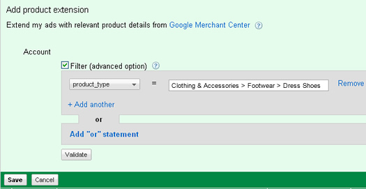 Filtering a product extension in Google AdWords.