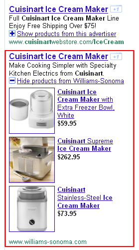 An example of a product extension in Google AdWords.