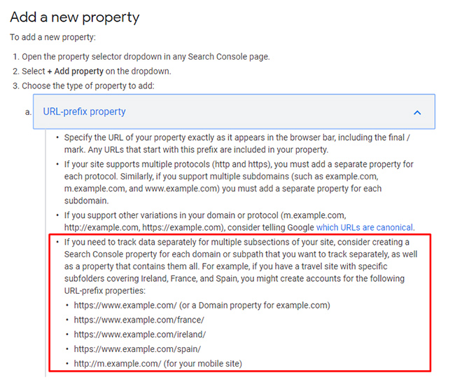 Google's documentation for adding directories as properties in Search Console (GSC)