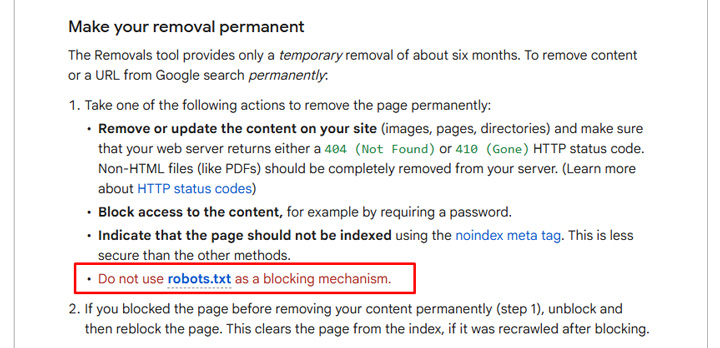 Robots.txt is not the way to remove urls when using the Removal tool in GSC