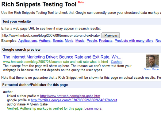 Using the Rich Snippets Testing Tool to view authorship markup.