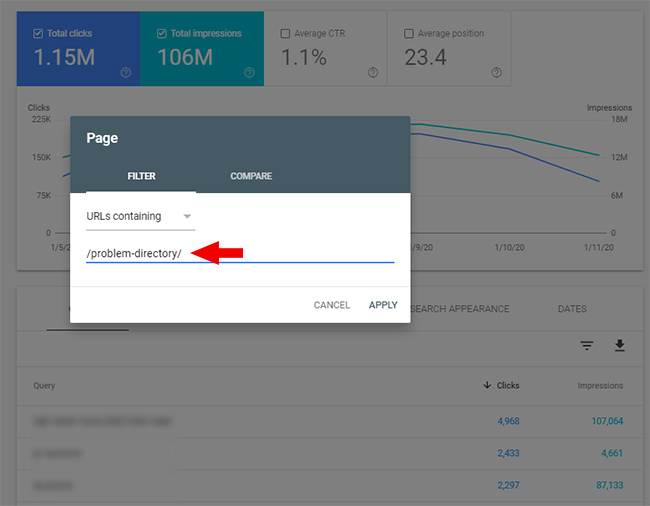 Viewing queries and landing pages being filtered by SafeSearch by directory in Google Search Console.