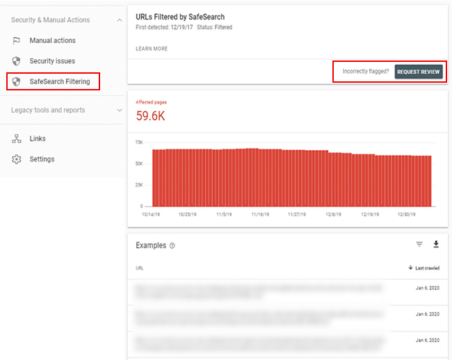 Mockup of SafeSearch reporting in Google Search Console (GSC).