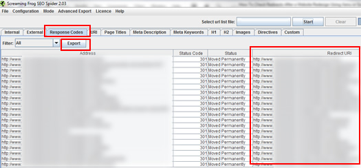Finding Destination URL's via the Response Code Tab