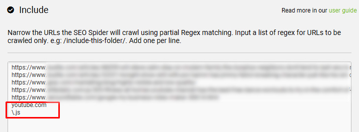 Adding youtube.com and .js to the Include tab in Screaming Frog.