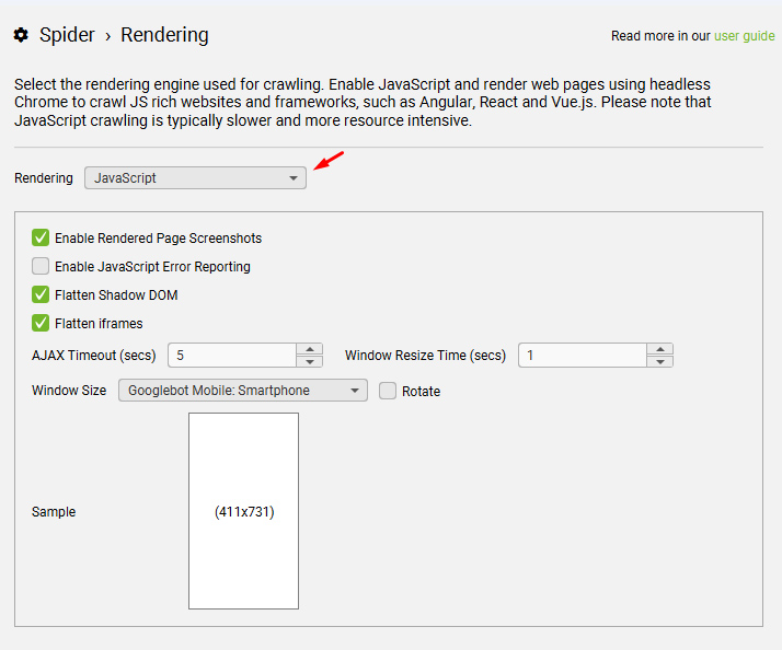 Selecting JavaScript rendering in Screaming Frog.