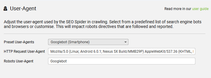 Selecting Googlebot smartphone as the user-agent in Screaming Frog.