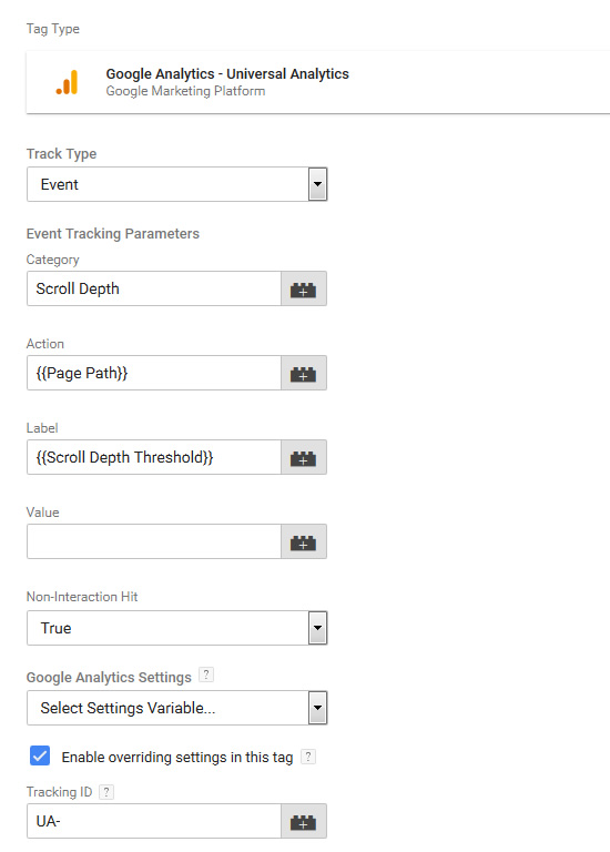 Using Google Tag Manager to set up scroll depth tracking.