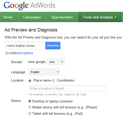 AdWords Ad Preview Tool