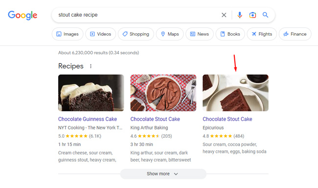 A recipes carouse in the Google search results.