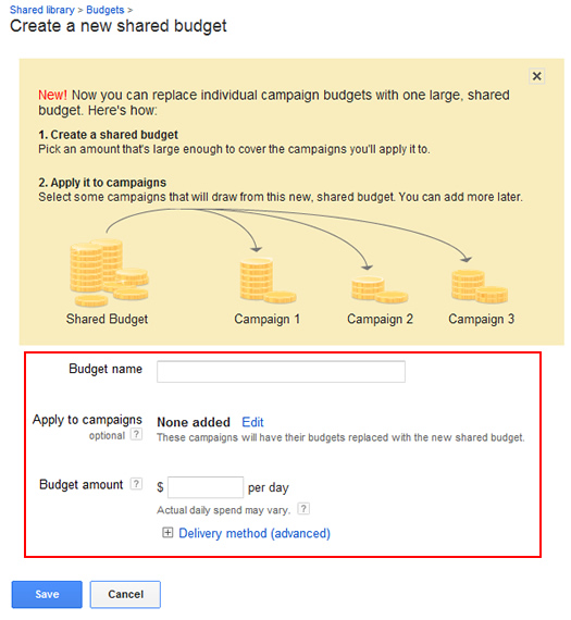 Create a new shared budget in AdWords