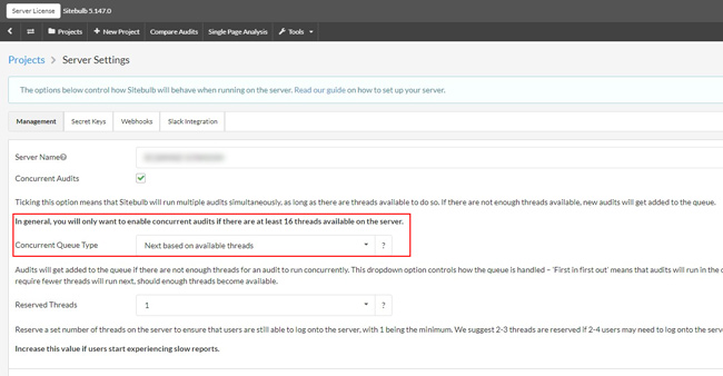 Setting concurrent queue type in Sitebulb Server