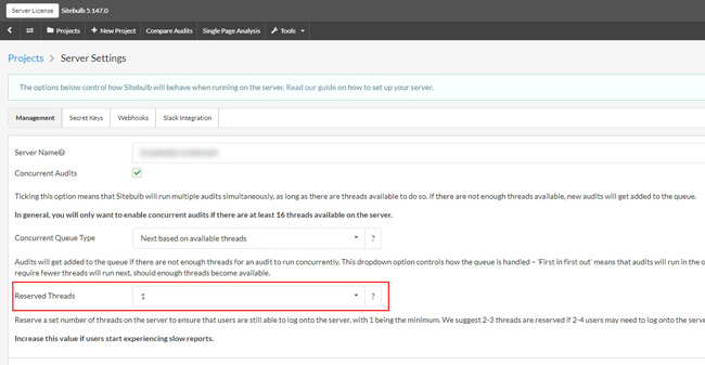 Setting reserved threads in Sitebulb Server