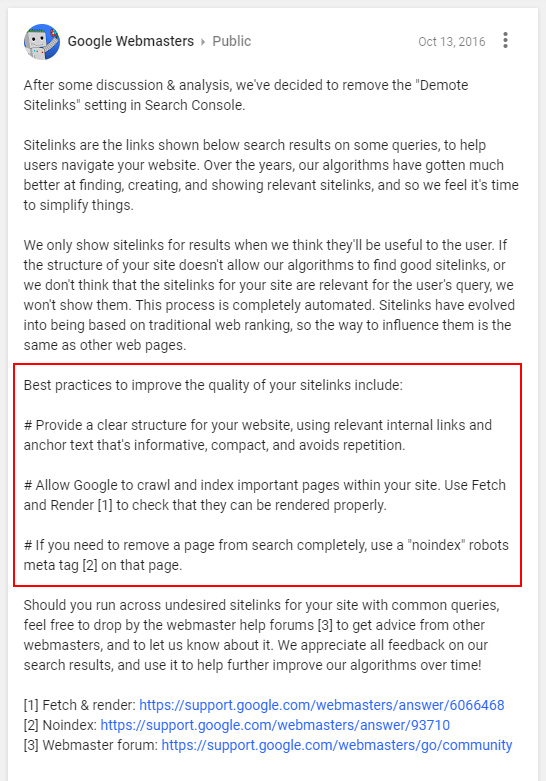 Google Plus post explaining that the demote sitelinks feature was removed from Search Console.