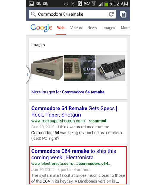 Mobile Search for Commodore 64 Remake Review on Google