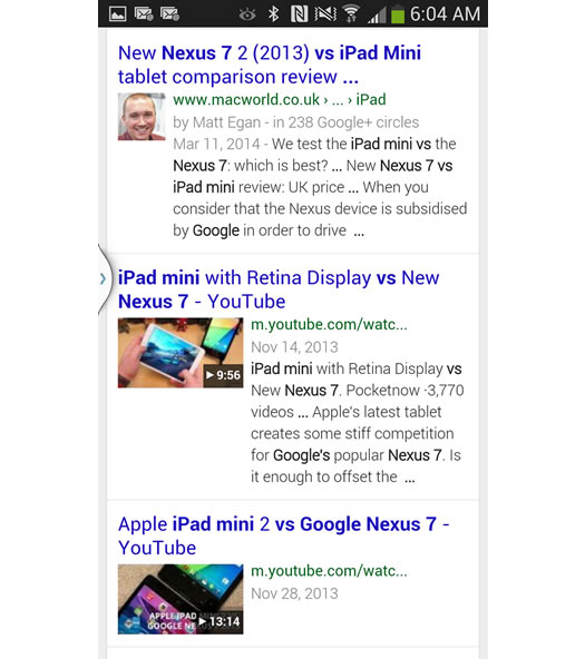 Mobile Search for Google Nexus 7 Versus iPad Mini on Google