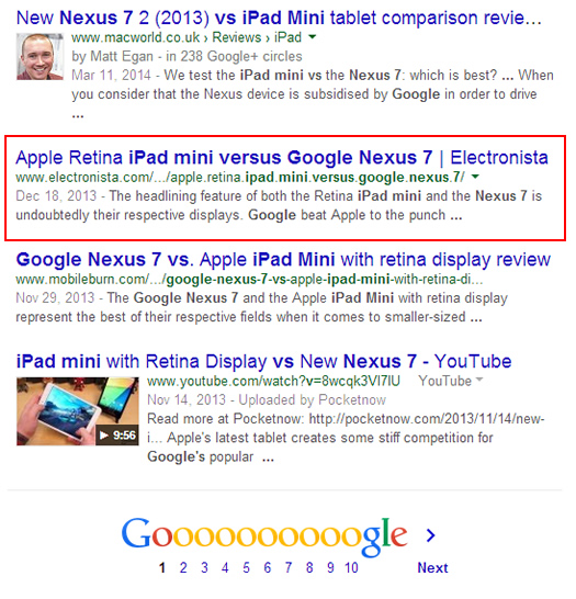 Desktop Search for Google Nexus 7 Versus iPad Mini on Google