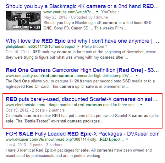 Desktop Search for Red Camera on Google