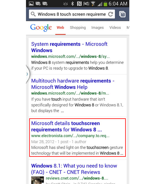 Mobile Search for Windows 8 Touch Screen Requirements on Google