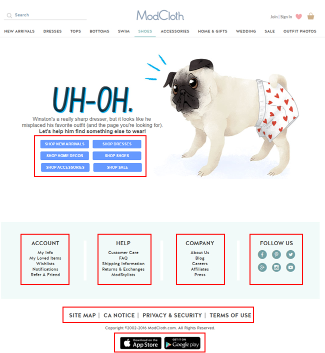 Example of a solid 404 page from modcloth.com