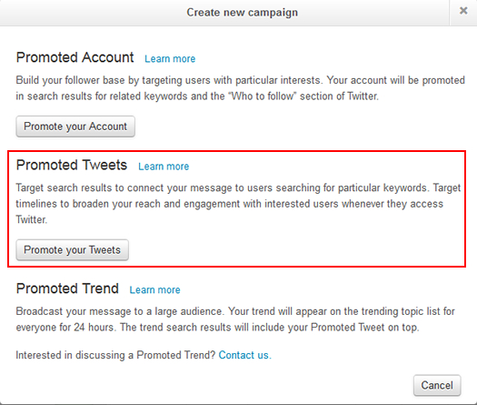Select campaign type in Twitter Ads