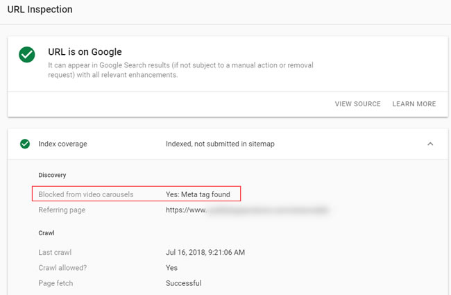 GSC reporting a url is blocked from showing in a video carousel.