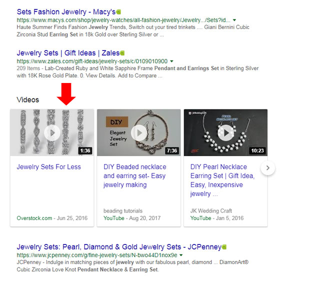 Overstock ranking in the video carousels for an ecommerce category page.