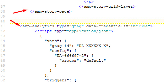 Amp analytics placement in Web Story code.