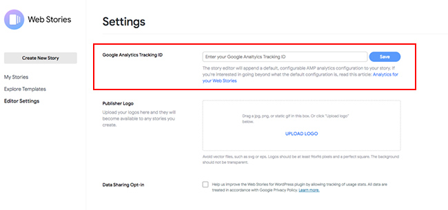 Adding a Google Analytics tracking ID to the WordPress Web Story plugin.