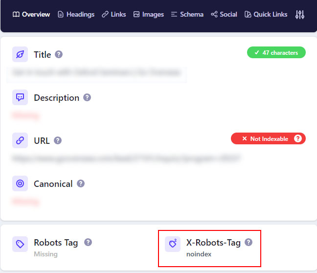 Using the Detailed SEO chrome extension to check the x-robots-tag