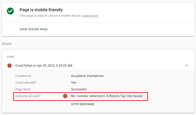 Using the mobile-friendly test to check the x-robots-tag