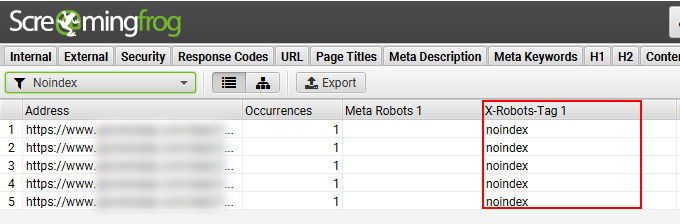 Checking the x-robots-tag via Screaming Frog