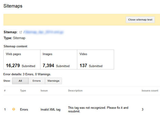 Results of XML Sitemaps Test in Google Webmaster Tools