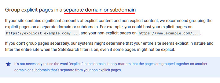 Google recommends adding explicit content to a different domain or subdomain.