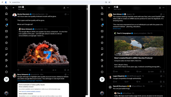 Split view showing a DIY Tweetdeck or X Pro set of panes