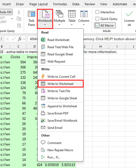 Write to worksheet in Analytics Edge.