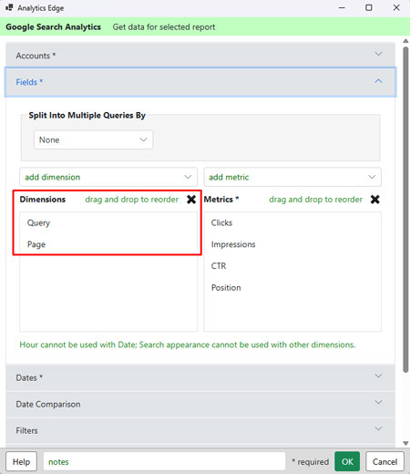 Analytics Edge for exporting query and landing page data.